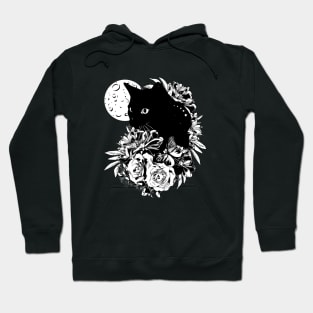 Moon and black color cat with peony, cat with flowers, black and white drawing Hoodie
